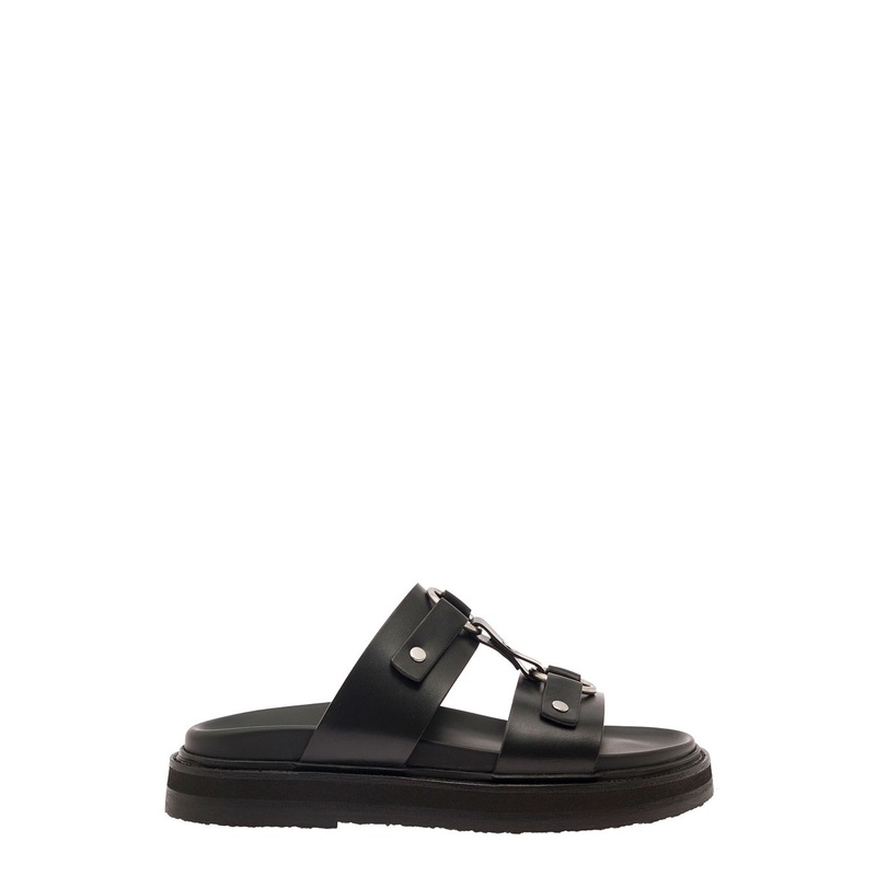 Black Slip-On Sandals with Rings and Studs in Leather Man