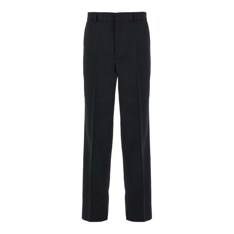 Black Straight Pants with Tonal Logo Lettering in Wool Man