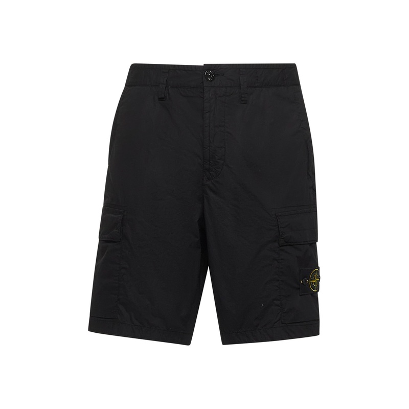 Black stretch cotton canvas cargo Bermuda shorts