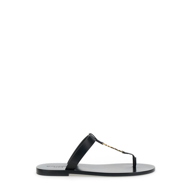 ‘Cassandre’ Black Flat Sandals with a T-Strap in Leather Woman