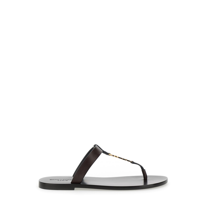 ‘Cassandre’ Brown Flat Sandals with a T-Strap in Leather Woman