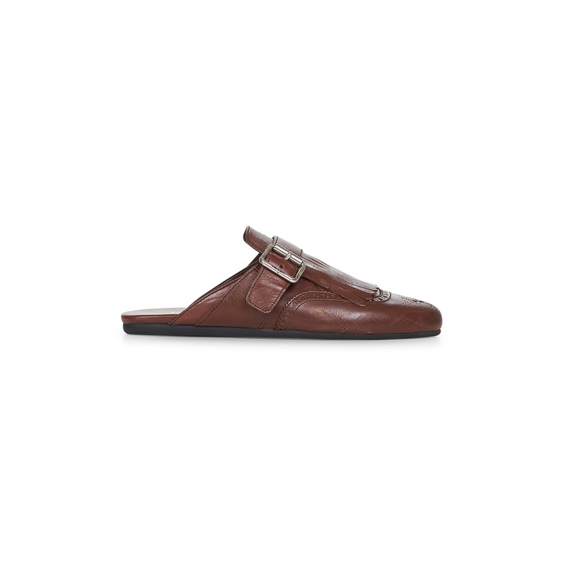 Cognac leather Shuffle fringed mules