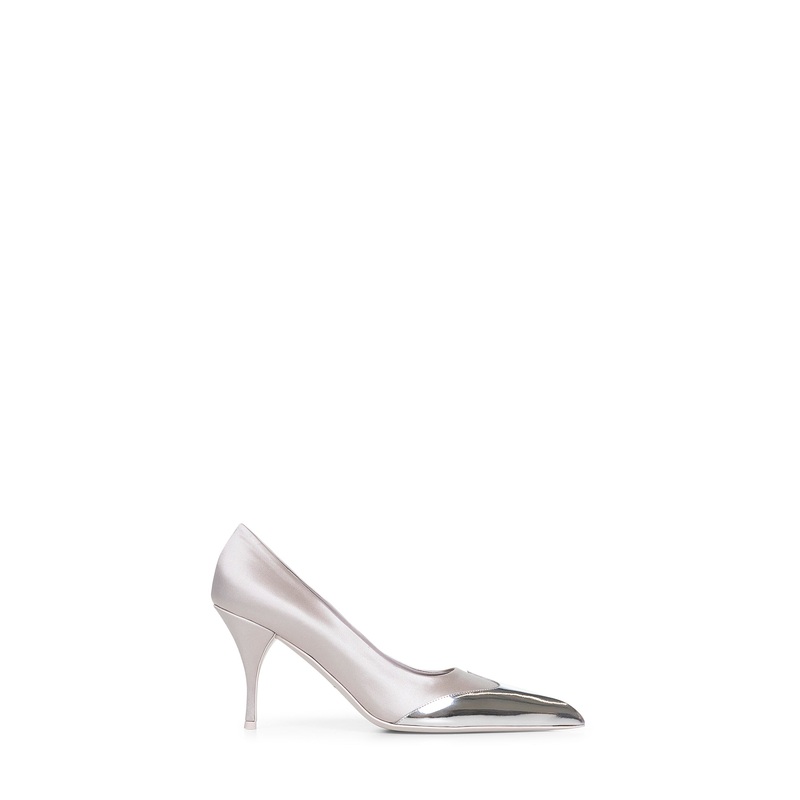 Grey satin and metallic leather pumps
