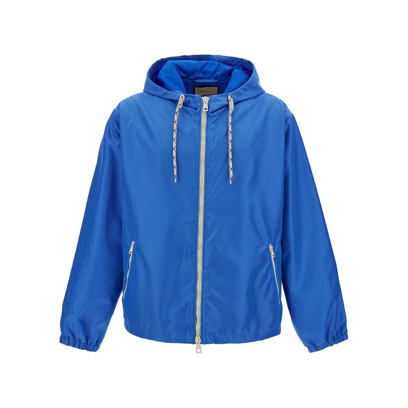 Light Blue Hooded Jacket with Web Logo Detail in Polaymide Man
