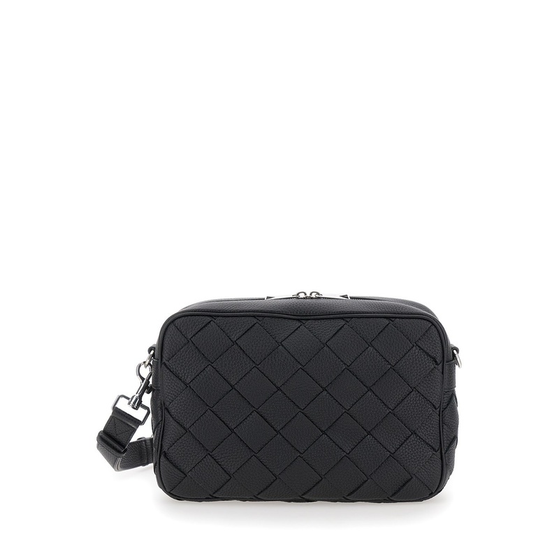 ‘Messenger Medium’ Black Crossbody Bag with Intreccio Motif in Hammered Leather Man