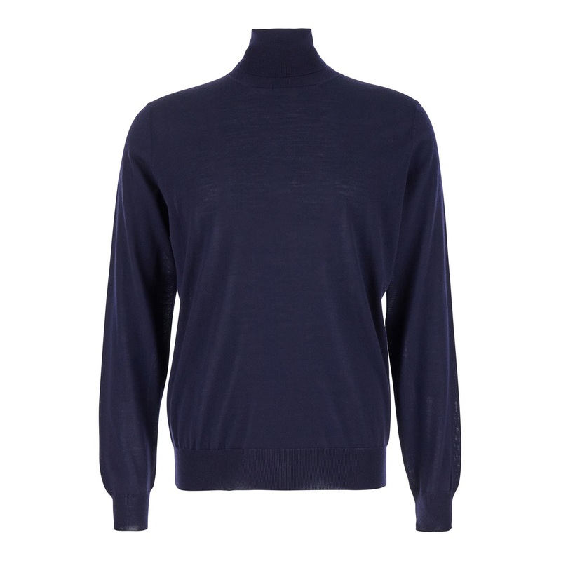 Navy Blue Turtleneck Pull with Rib Trim in Wool Man Gaudenzi