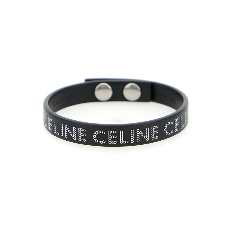 ‘Studs’ Black Bracelet with Embossed Logo Lettering in Leather and Brass Man