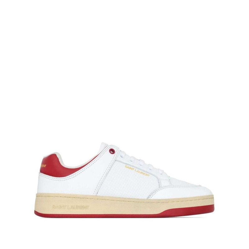 White and Red Low Top Sneakers with Logo Detail in Leather Man
