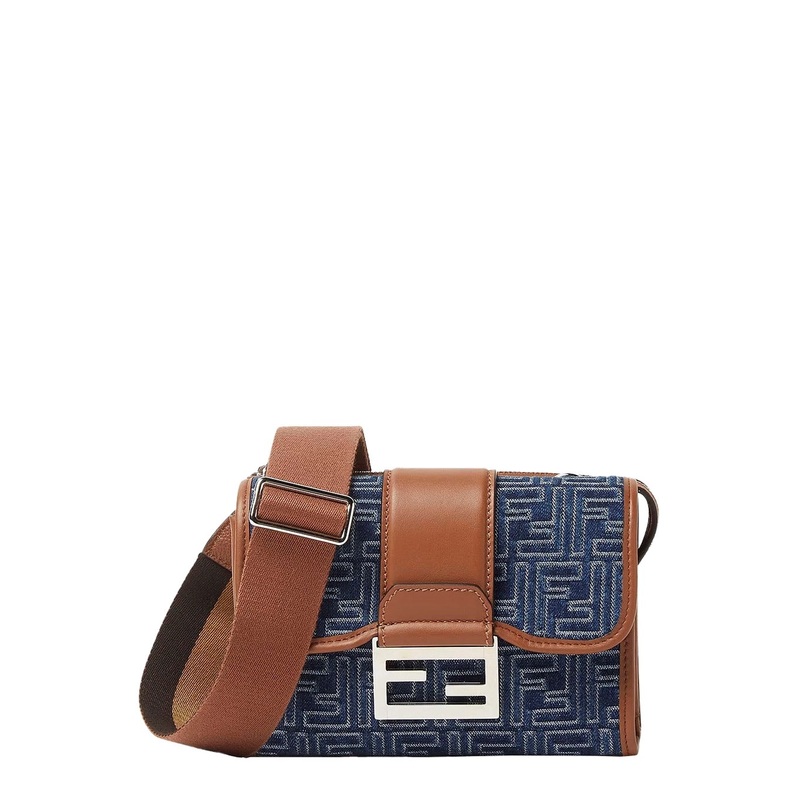 ‘Baguette Double’ Blue Crossbody Bag With Magnetic FF Closure And All-Over Motif In Blue Cotton Man