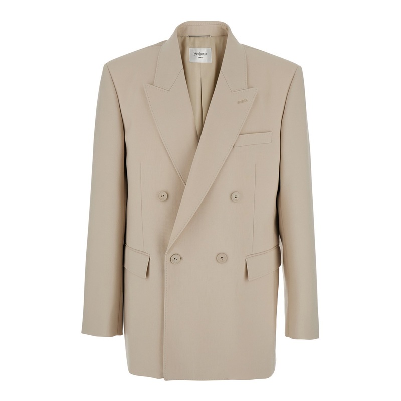 Beige Double-Breasted Jacket with Peak Revers in Wool Man