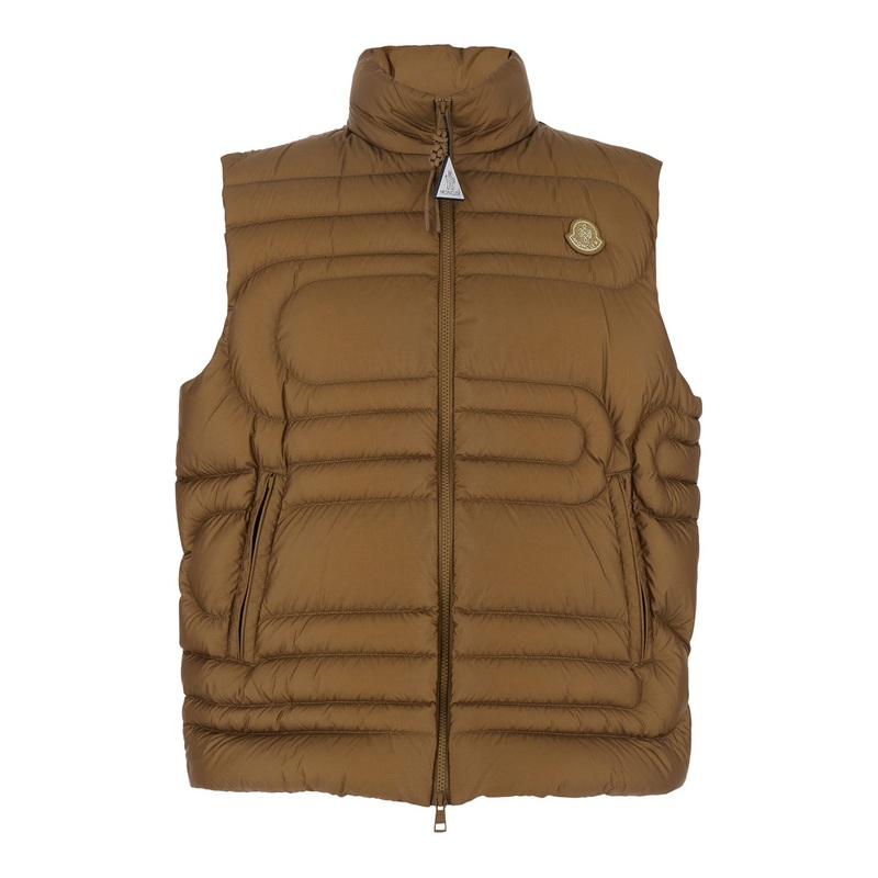 Beige Sleeveless Down Jacket with Logo Patch on the Front in Tech Fabric Man