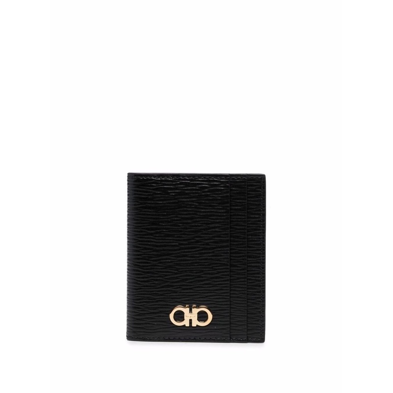 Black Cardholder with Gold-tone Gancini Logo in Calf Leather Man