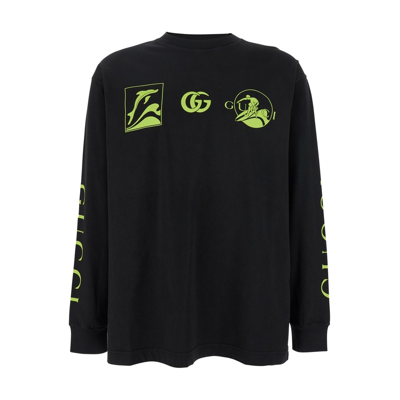 Black Crewneck T-Shirt with All-Over Prints and Maxi Logo Lettering on the Sleeves in Cotton Man