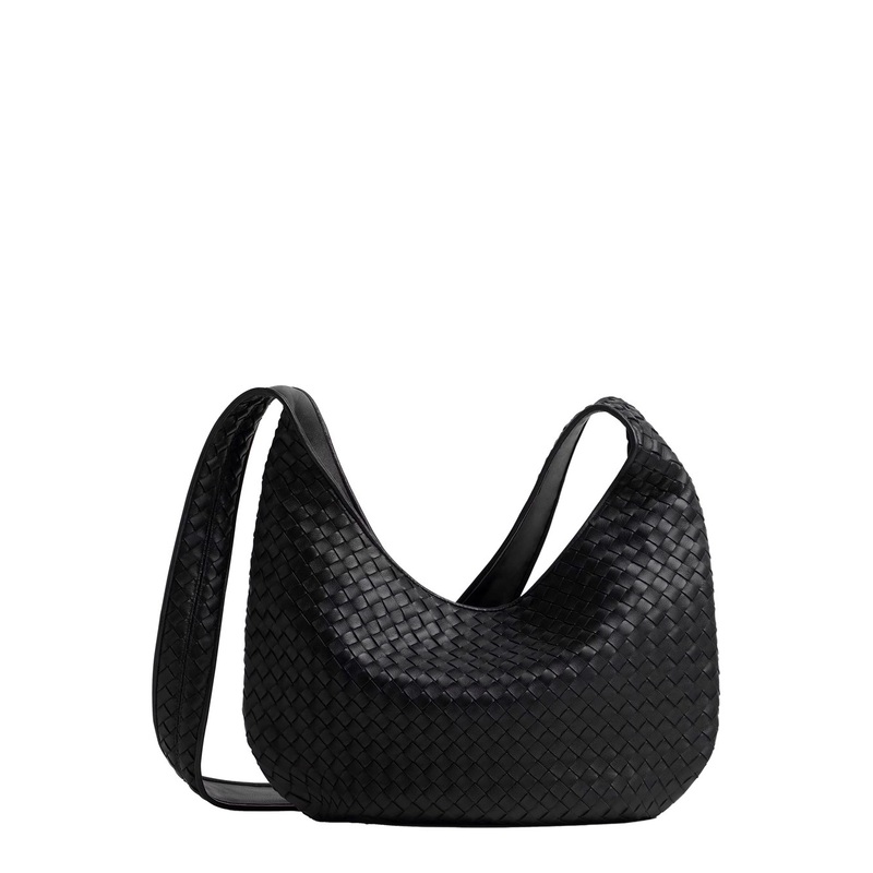 Black Crossbody Bag with Top Zip Closure and Intrecciato Motif in Leather Woman