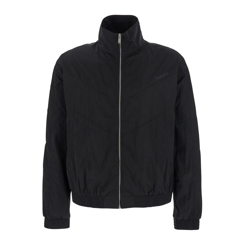 Black Jacket with High Neck and Logo Lettering on the Front in Tech Fabric Man