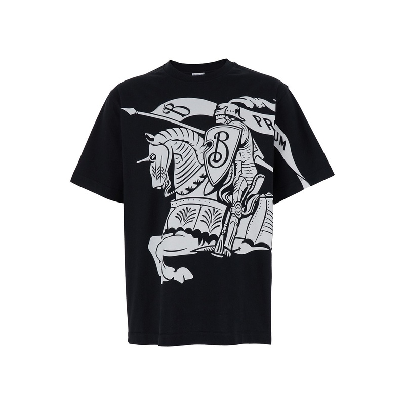 Black T-Shirt with Contrasting Equestrian Knight Print in Cotton Man