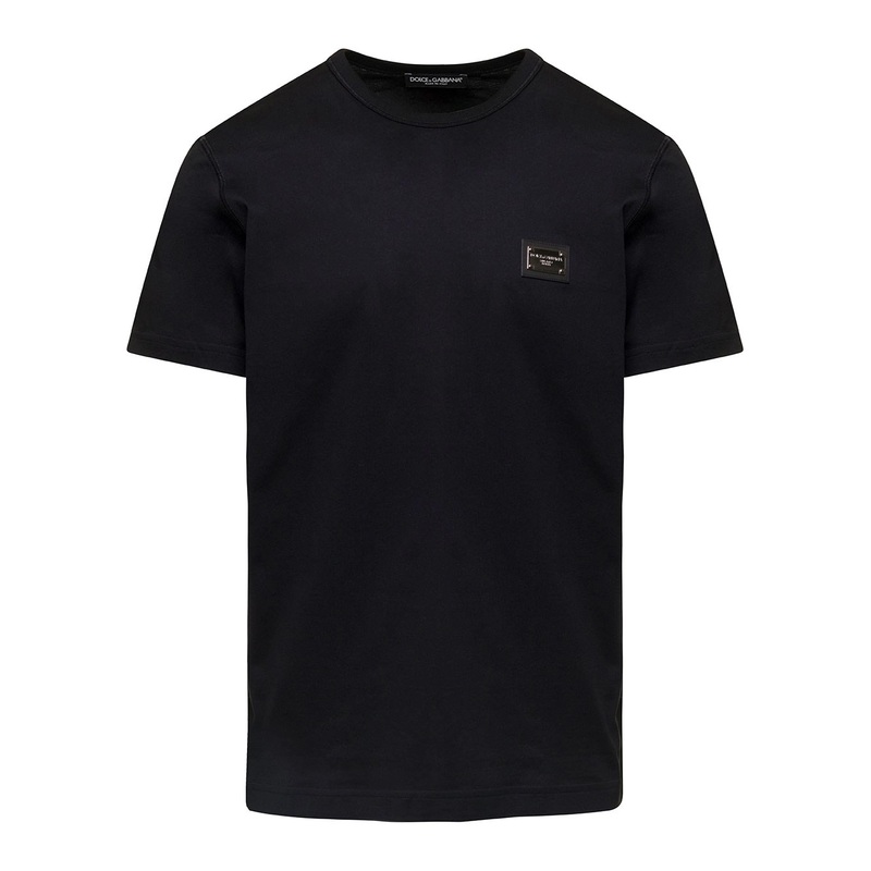 Black T-Shirt with Logo Tag Detail on the Front in Cotton Man