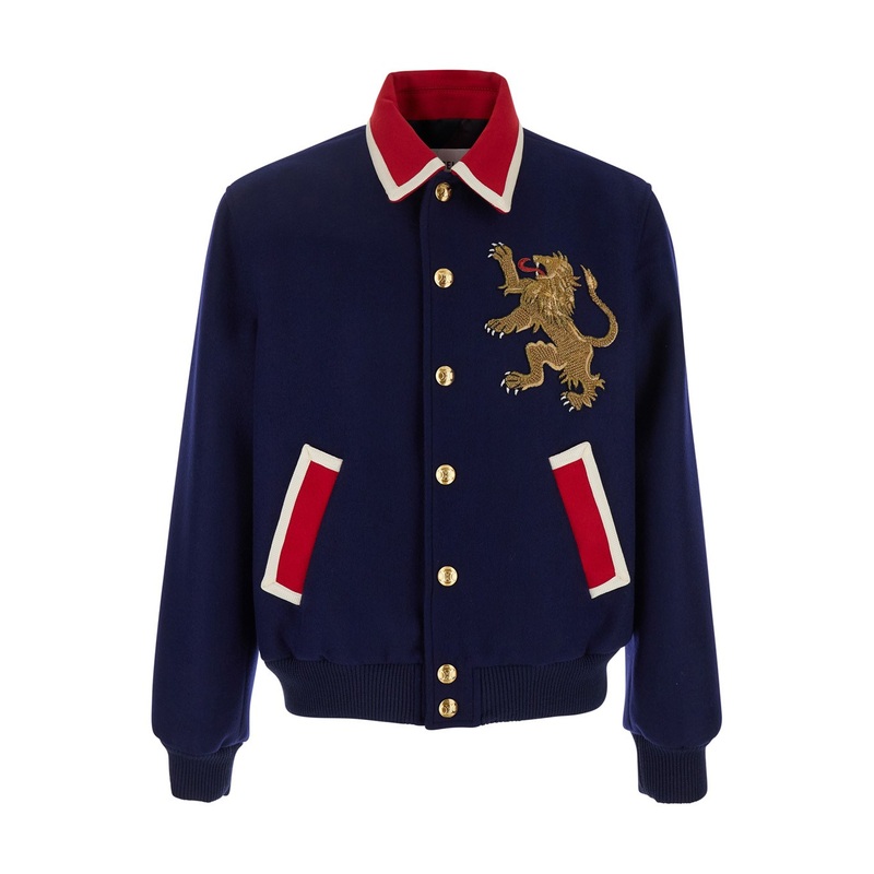Blue Jacket with Logoed Metal Buttons and Lion Embroidery in Wool Man