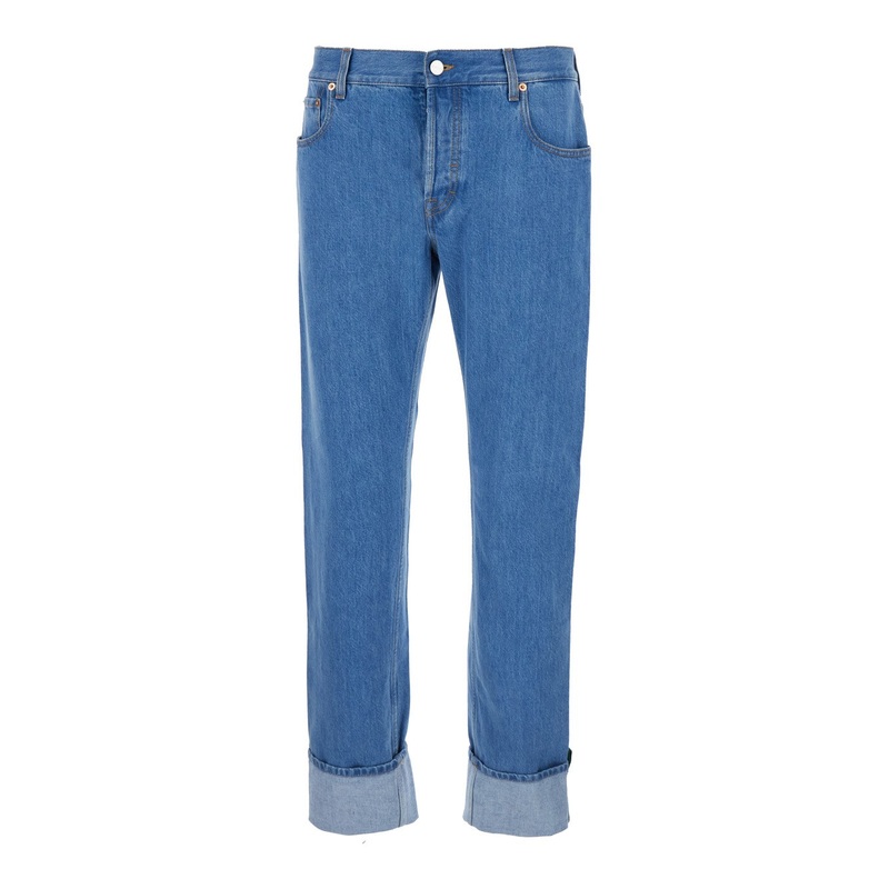 Blue Jeans with Logo Patch on the Rear and Web Turn-Up Hem in Denim Man