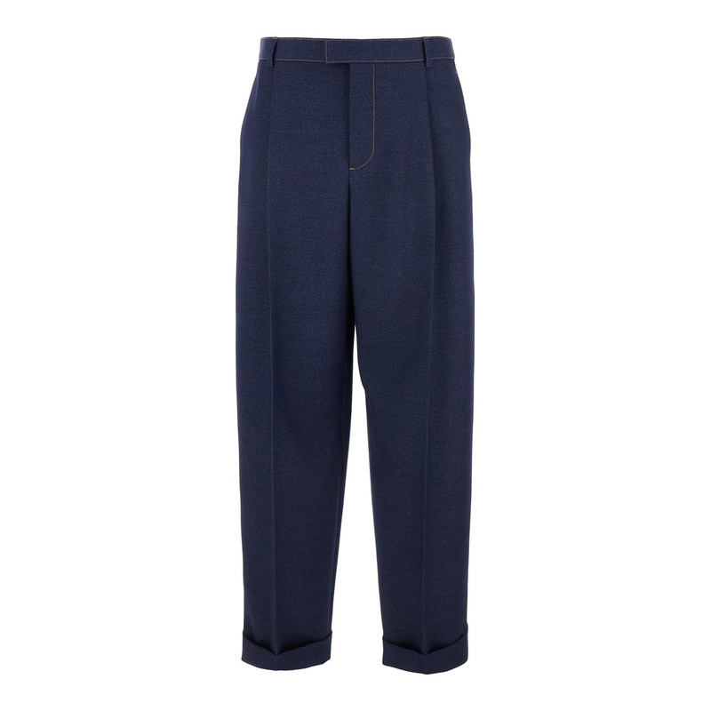 Blue Pants with Belt Loops and Turn-Up Hem in Wool Man