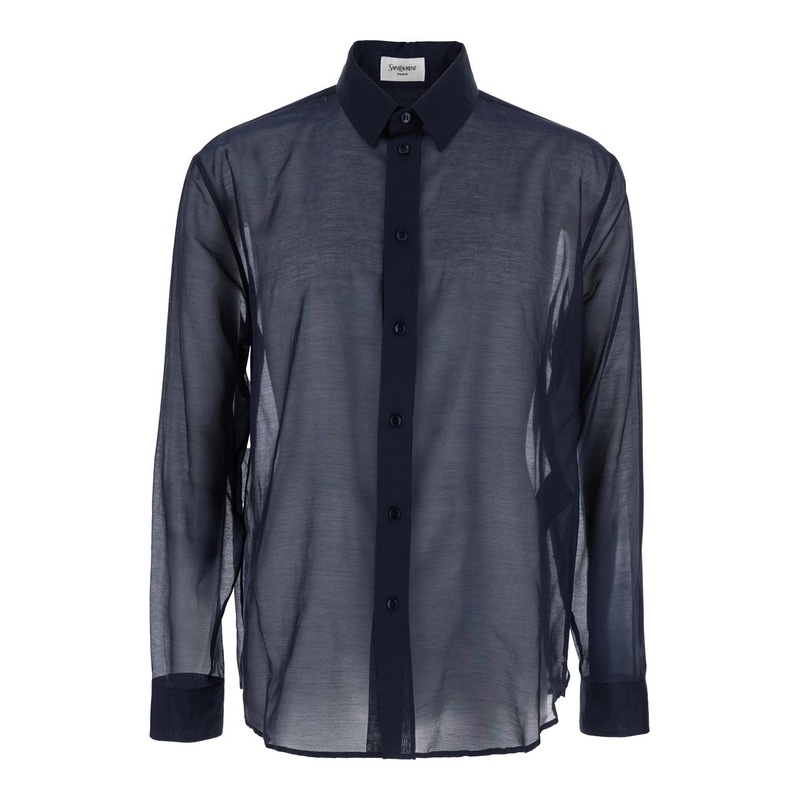 Blue Shirt with Classic Collar and Contrasting Details in Cotton and SIlk Man