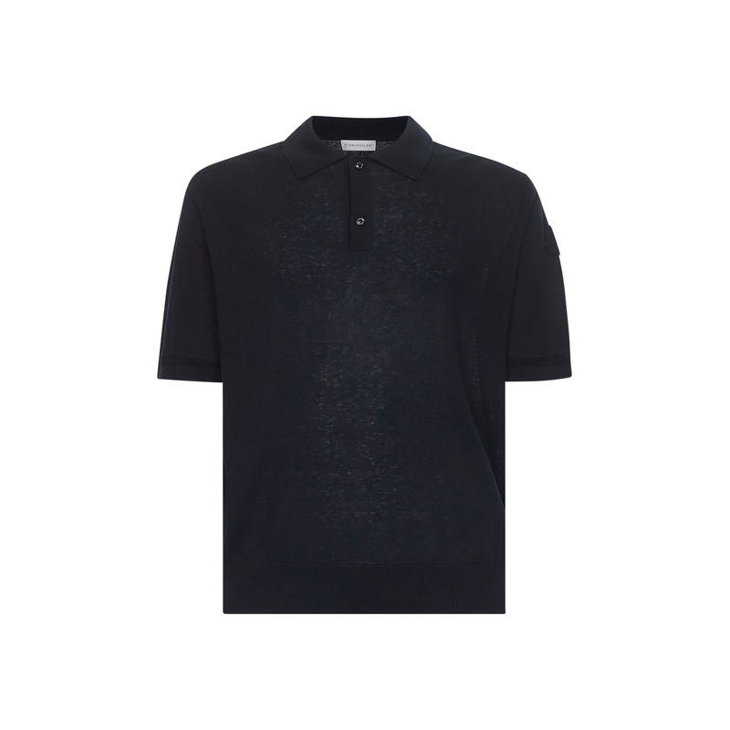 Blue silk and linen knit polo shirt