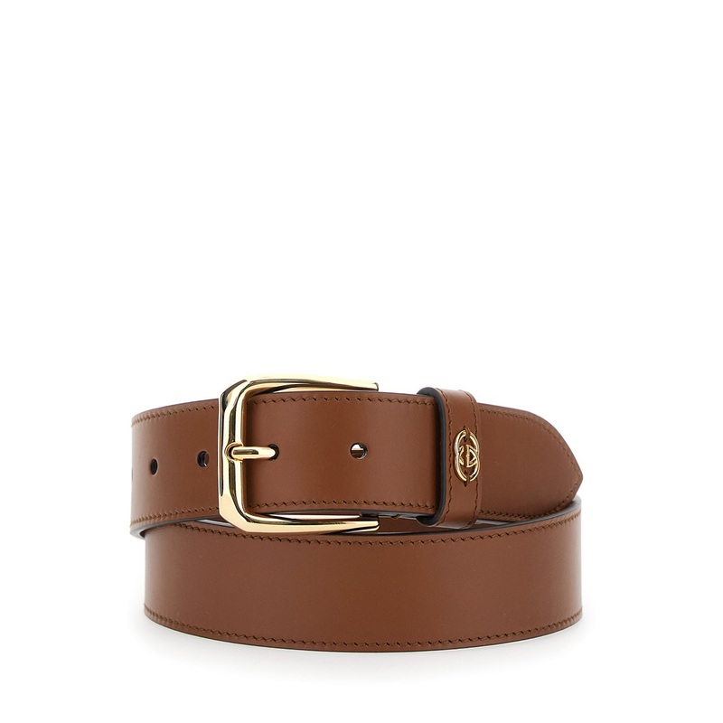 Brown Belt with Adjustable Buckle Cosure and Double G Logo Plaque on the Loop in Leather Man