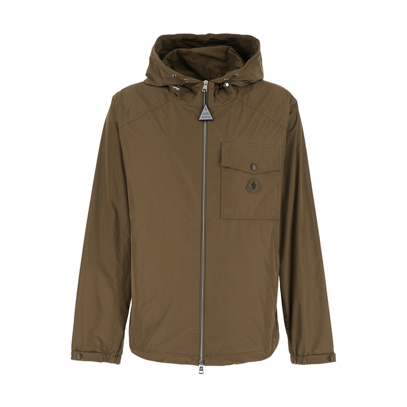 ‘Fuyue’ Brown Jacket with Drawstring Hood and Logo Patch on the Front in Tech Fabric Man