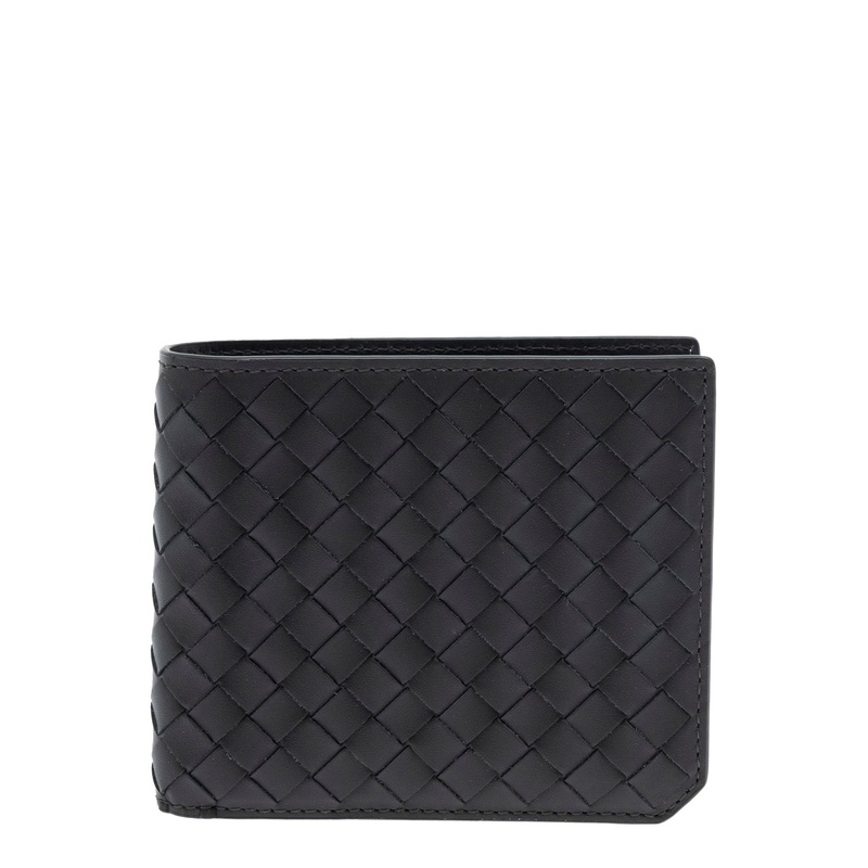 Green Bi-Fold Wallet with Intrecciato Motif and Embossed Logo Lettering on the Inside in Leather Man