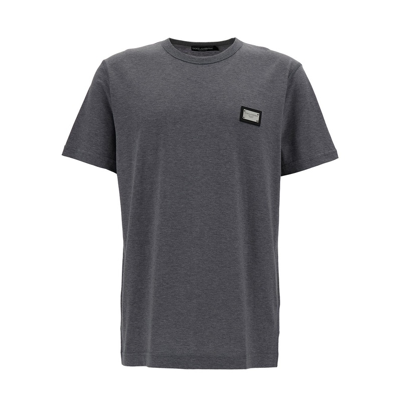 Grey Crewneck T-Shirt with Logo Plaque in Cotton Man