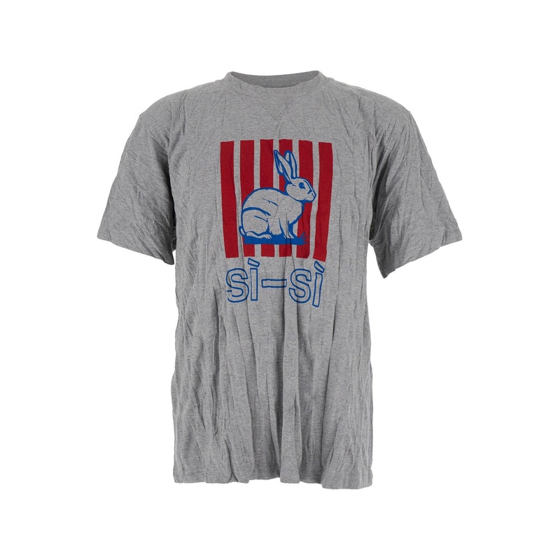 Grey Crewneck T-Shirt with Maxi Print on the Front and Wrinkled ffect in Cotton Man