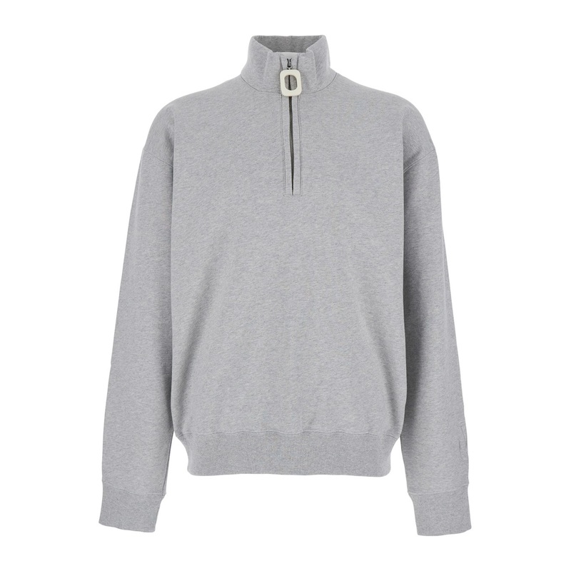Grey High Neck Sweatshirt with Zip Closure and Logo Embroidery in Cotton Man