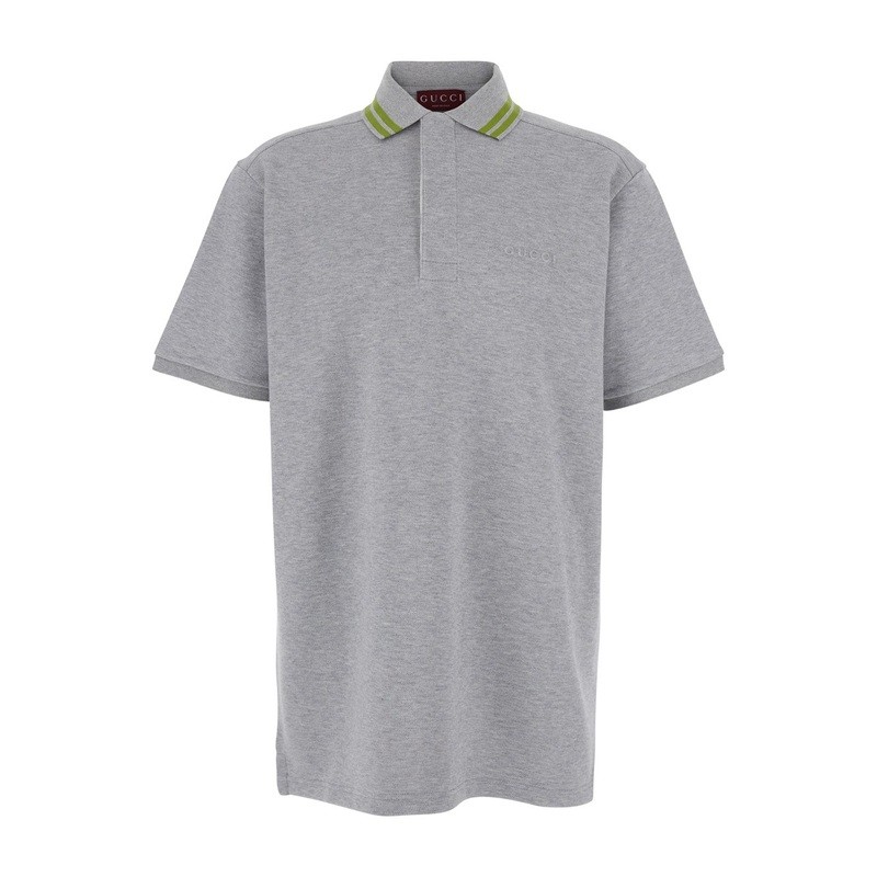 Grey Polo Shirt with Striped Collar and Tone-on-Tone Embroidered Logo on the Front in Cotton Man