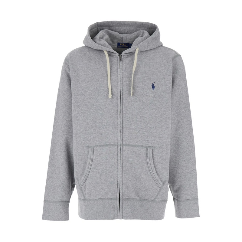 Grey Sweatshirt with Drawstring Hood and Pony Embroidery on the Front in Cotton Blend Man