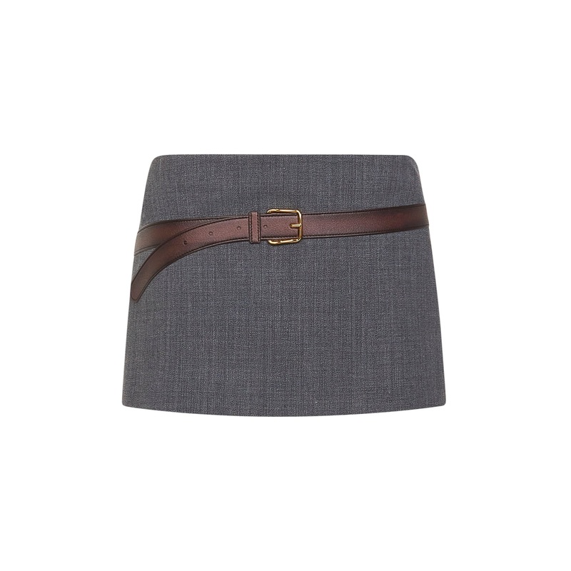 Grey technical wool printed belt mini skirt