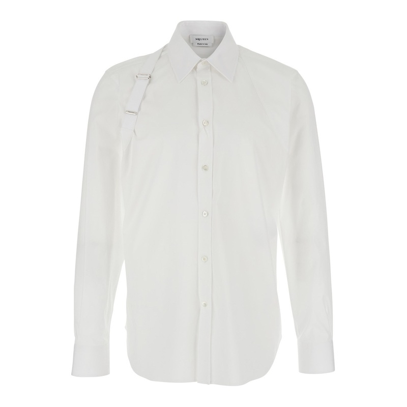 ‘Harness’ White Shirt with Clasic Collar and Strap Detail on the Sleeve in Cotton Man