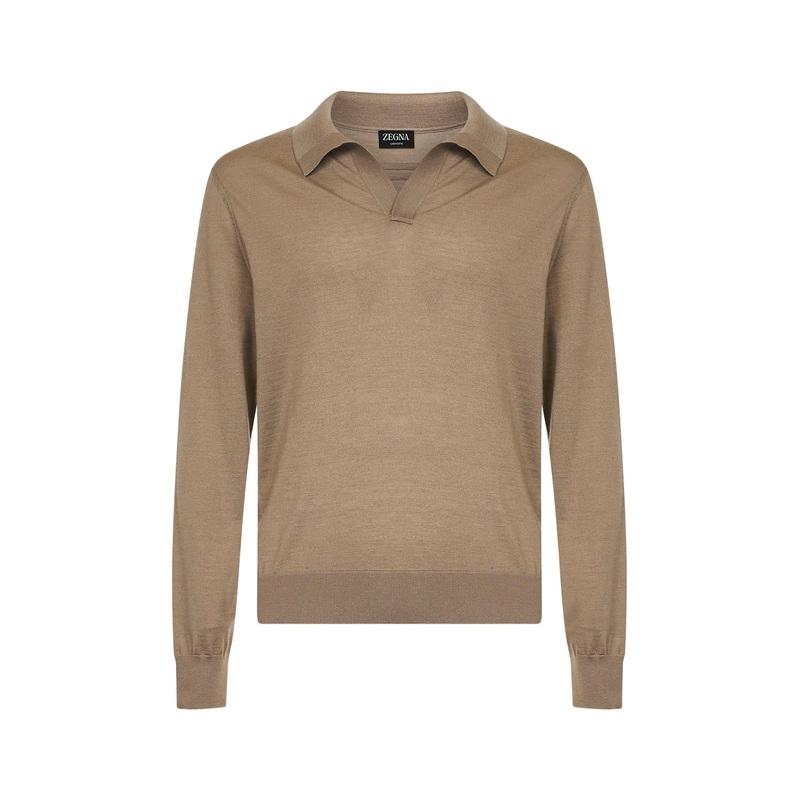 Light beige Cashseta long-sleeved polo shirt