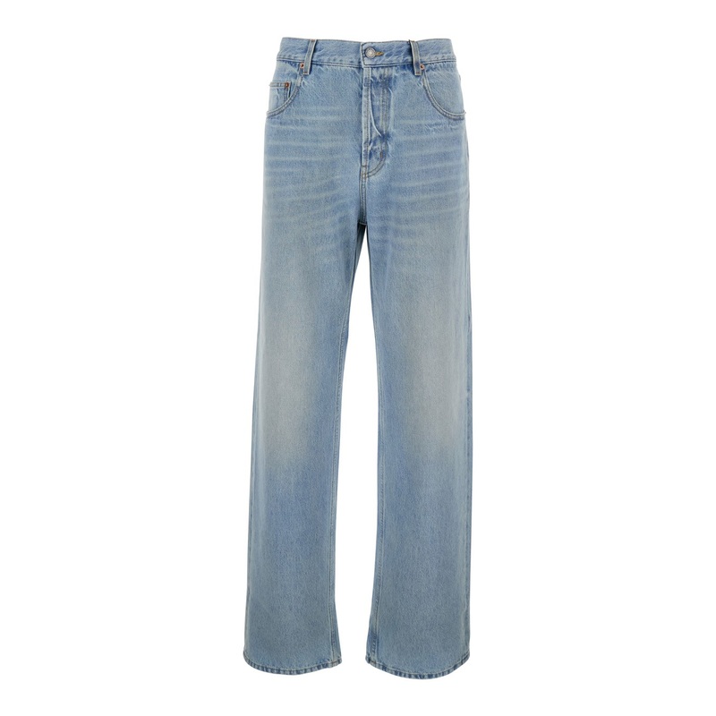 Light Blue Five Pocket Jeans with Logo Patch on the Back in Denim Man