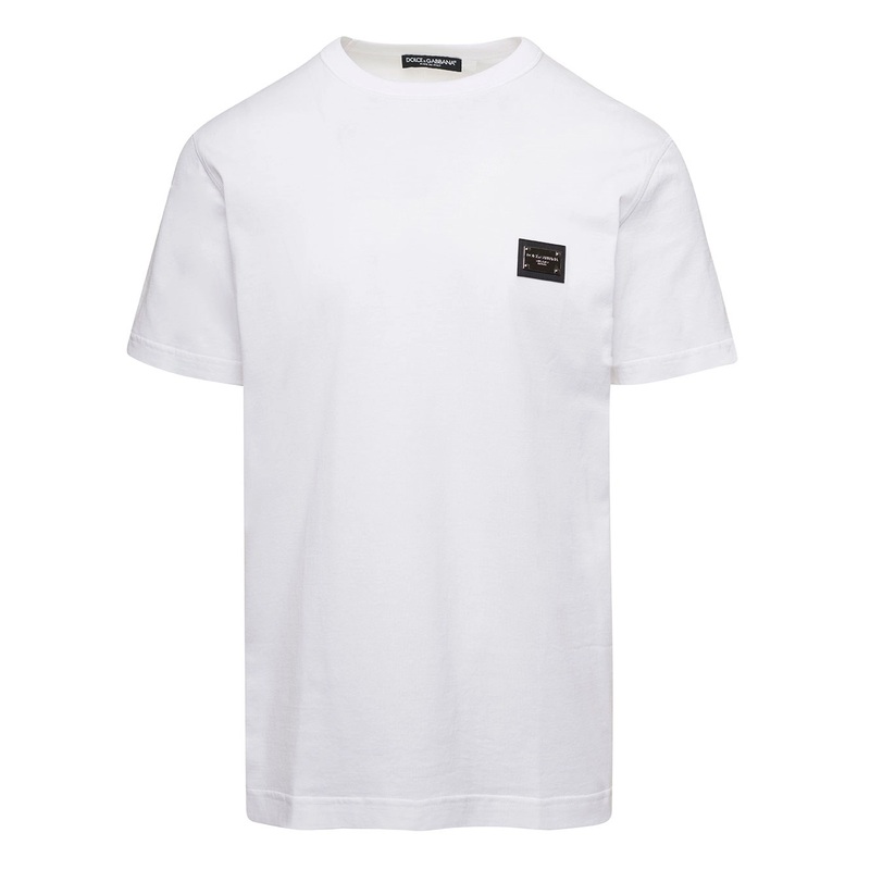 White Crewneck T-Shirt with Logo Plate in Cotton Man