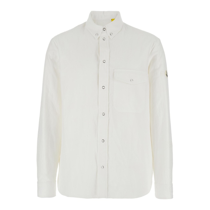White Shirt with Classic Collar and Logo Patch on the Sleeve in Cotton Man