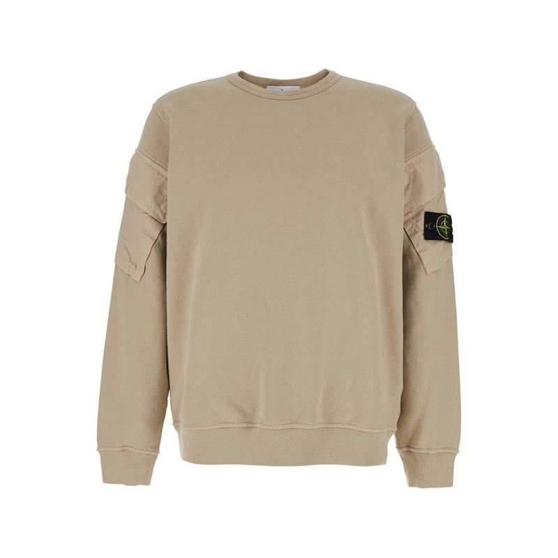 Beige Crewneck Sweatshirt with Logo Patch on the Sleeve in Cotton Man