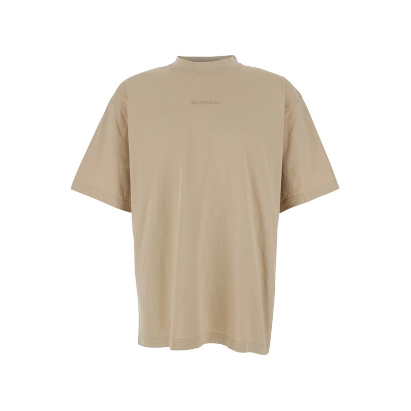 Beige Crewneck T-Shirt with Logo Lettering on Front and Rear in Cotton Man