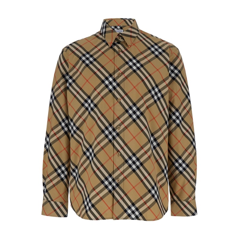 Beige Shirt with All-Over Check Motif in Cotton Man