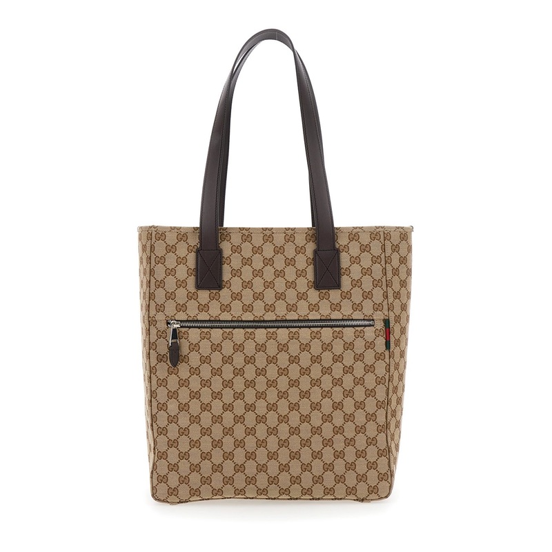 Beige Tote Bag with Two Top Leather Handles and Front Zip Pocket in GG Canvas Man