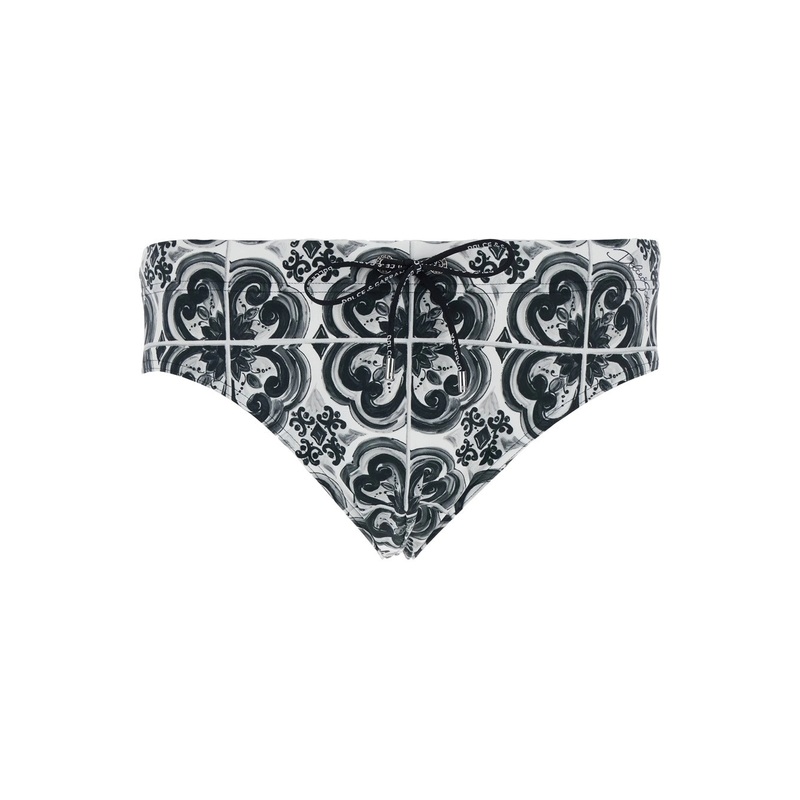 Black and White Swimsuit with All-Over Majolica Print in Techl Fabric Man