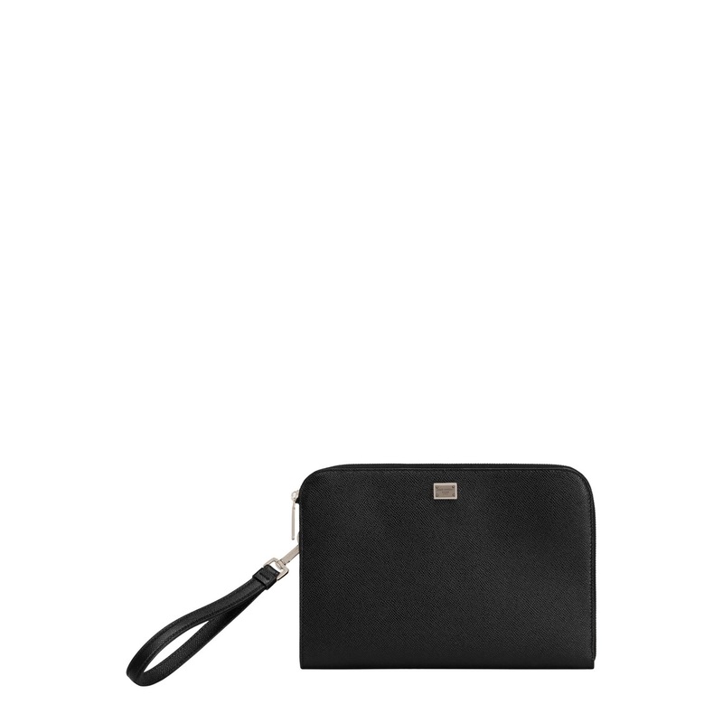 Black Clutch with Removable Wrist Strap and Logo Plaque on the Front in Grained Leather Man