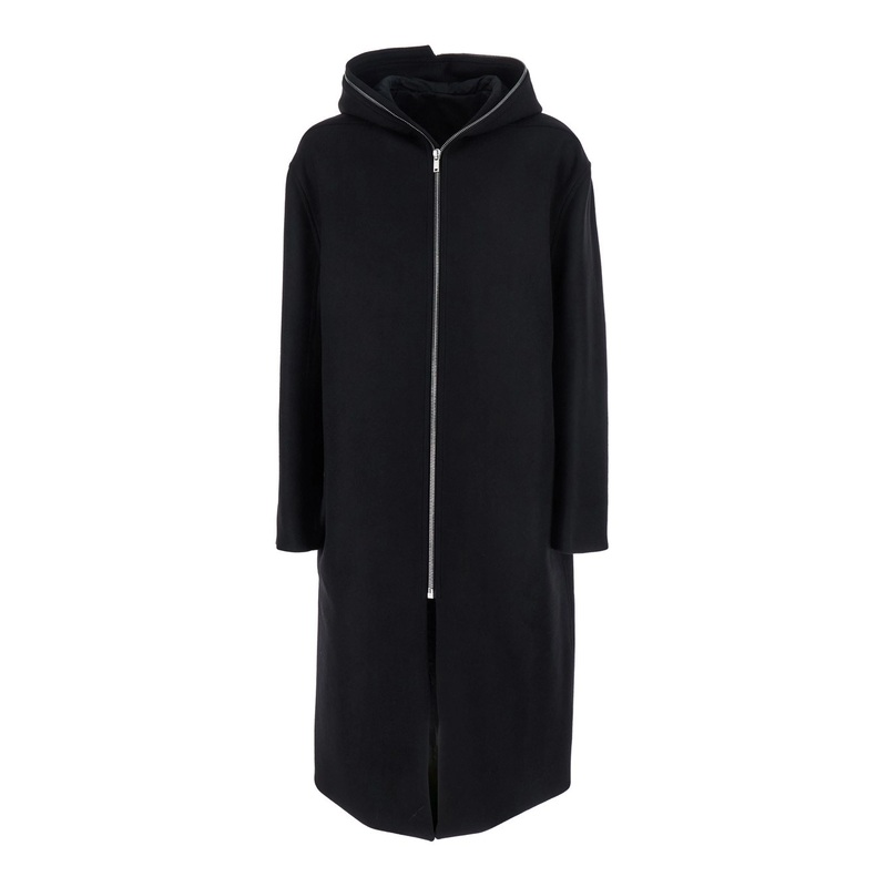 Black Coat with Fixed Hood and Rear Single Vent in Wool Man