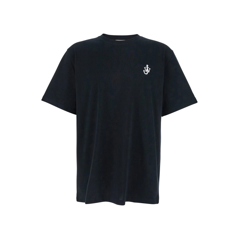 Black Crewneck T-Shirt with Anchor Embroidery on the Front in Cotton Man