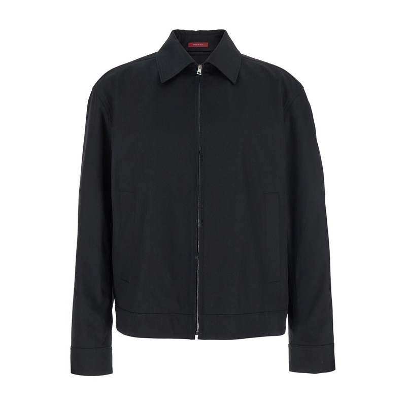 Black Jacket with Classic Collar and Web Motif on the Waist in Cotton Man