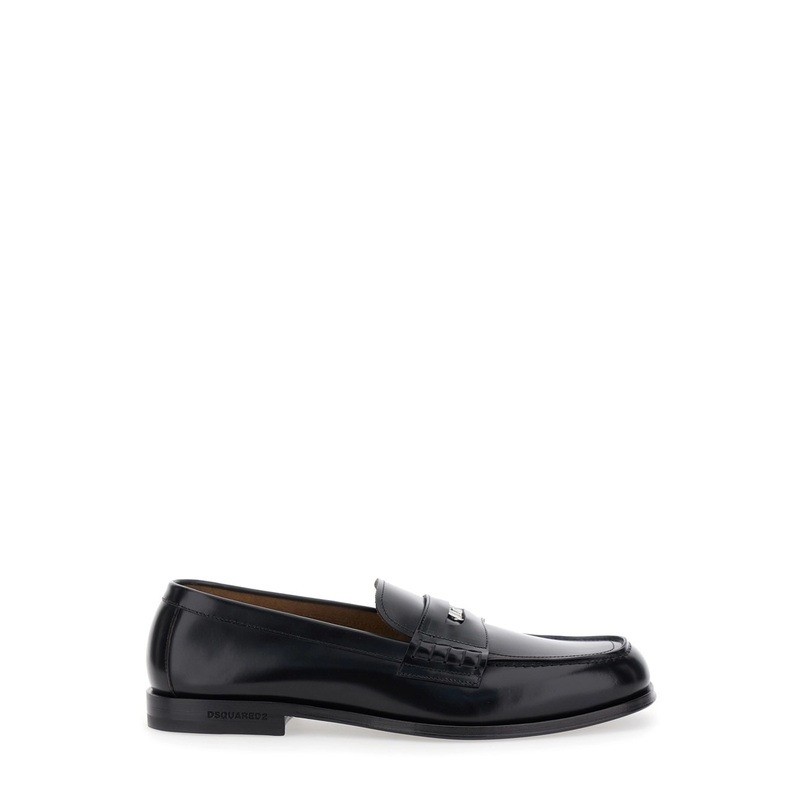 Black Loafers with Logo Plaque on the Front and Logo Lettering on the Heel in Leather Man